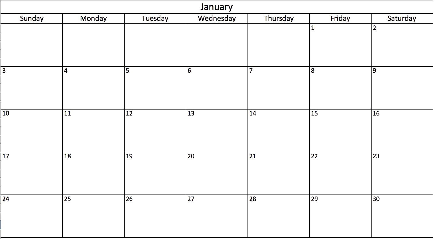 Blank Calendar Template Excel